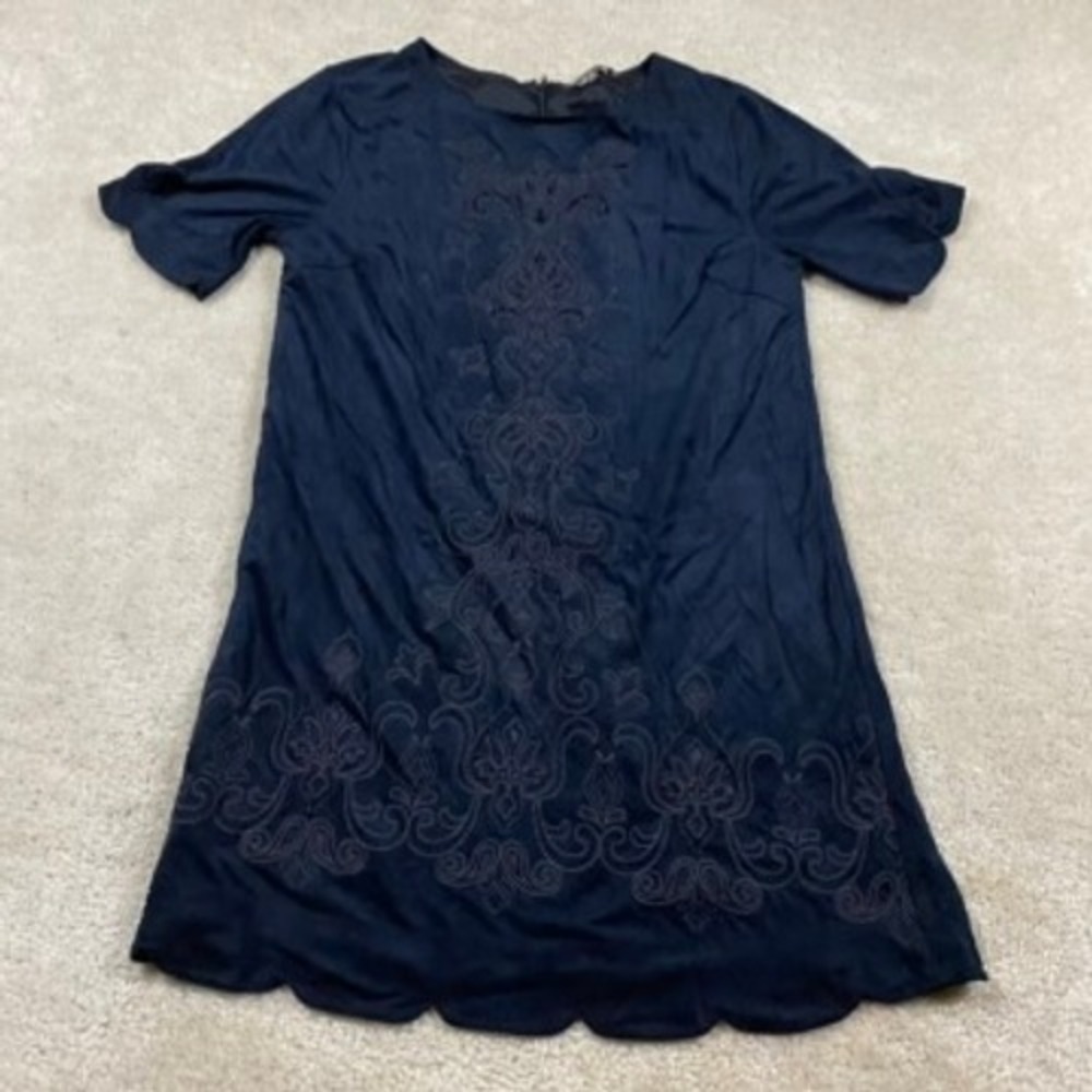 Miss Me Dress Womens M Navy Faux Suede Embroidered Scalloped Hem Shift MDD306S
